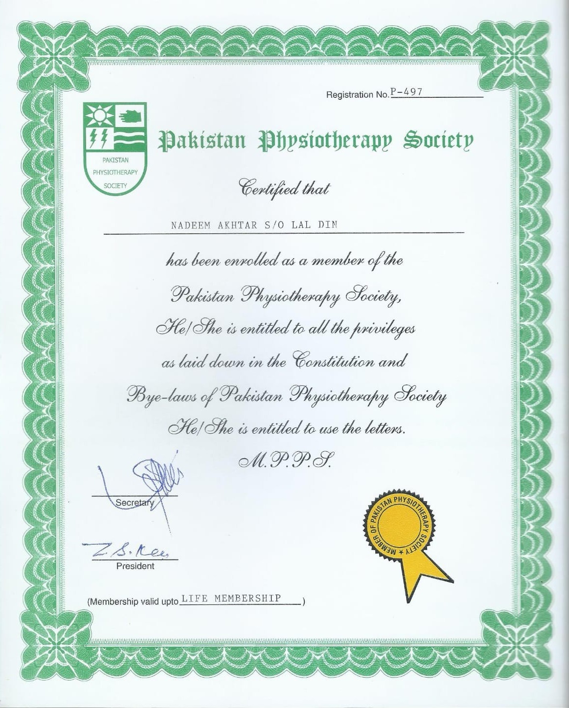 Pakistan Physiotherapy Society life membership certificate for Nadeem Akhtar, registration P-497