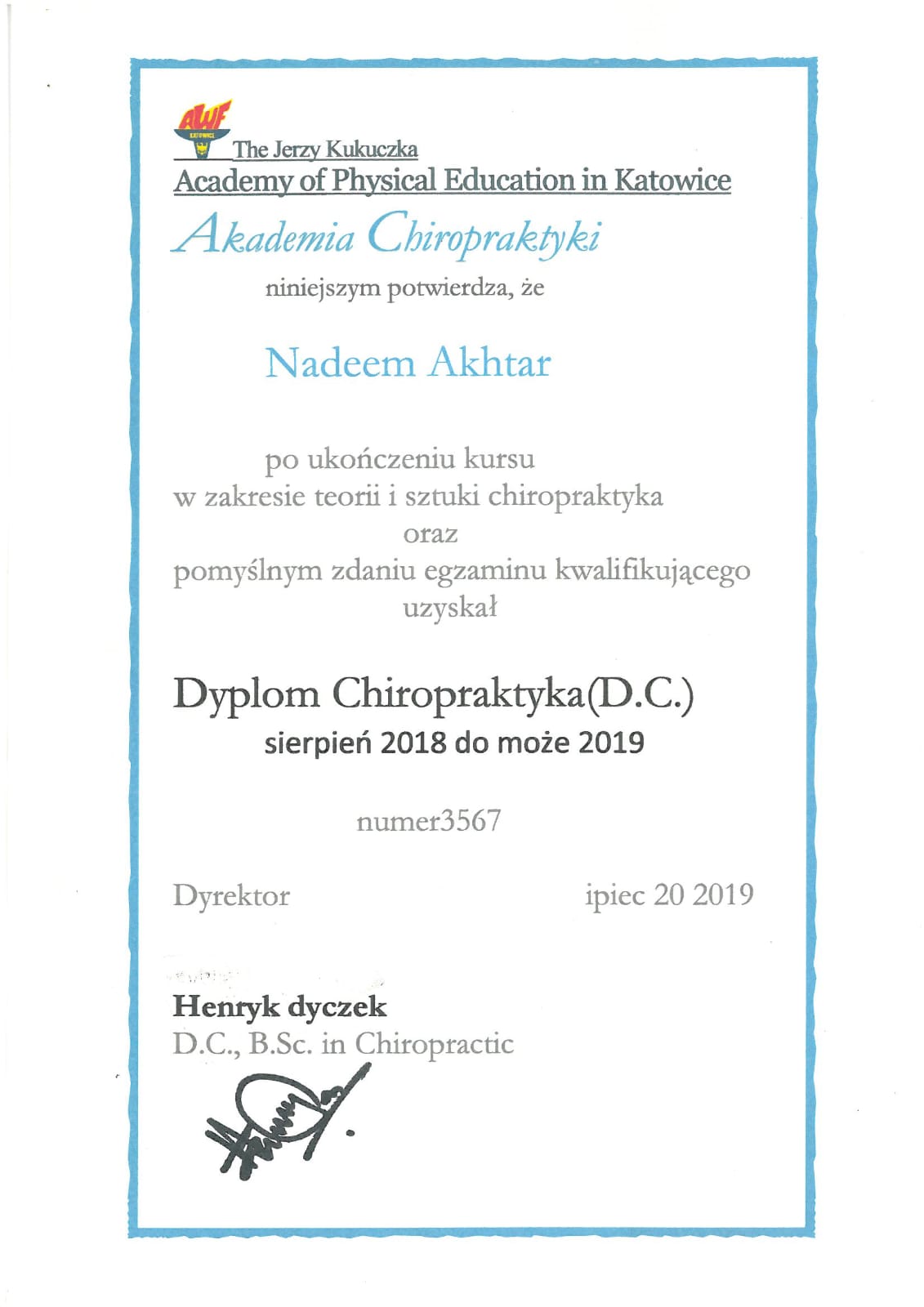 Diploma of Chiropractic awarded to Nadeem Akhtar, Academy of Physical Education in Katowice