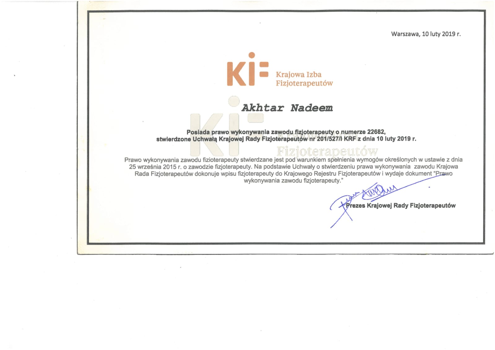 Polish National Chamber of Physiotherapists licence for Akhtar Nadeem