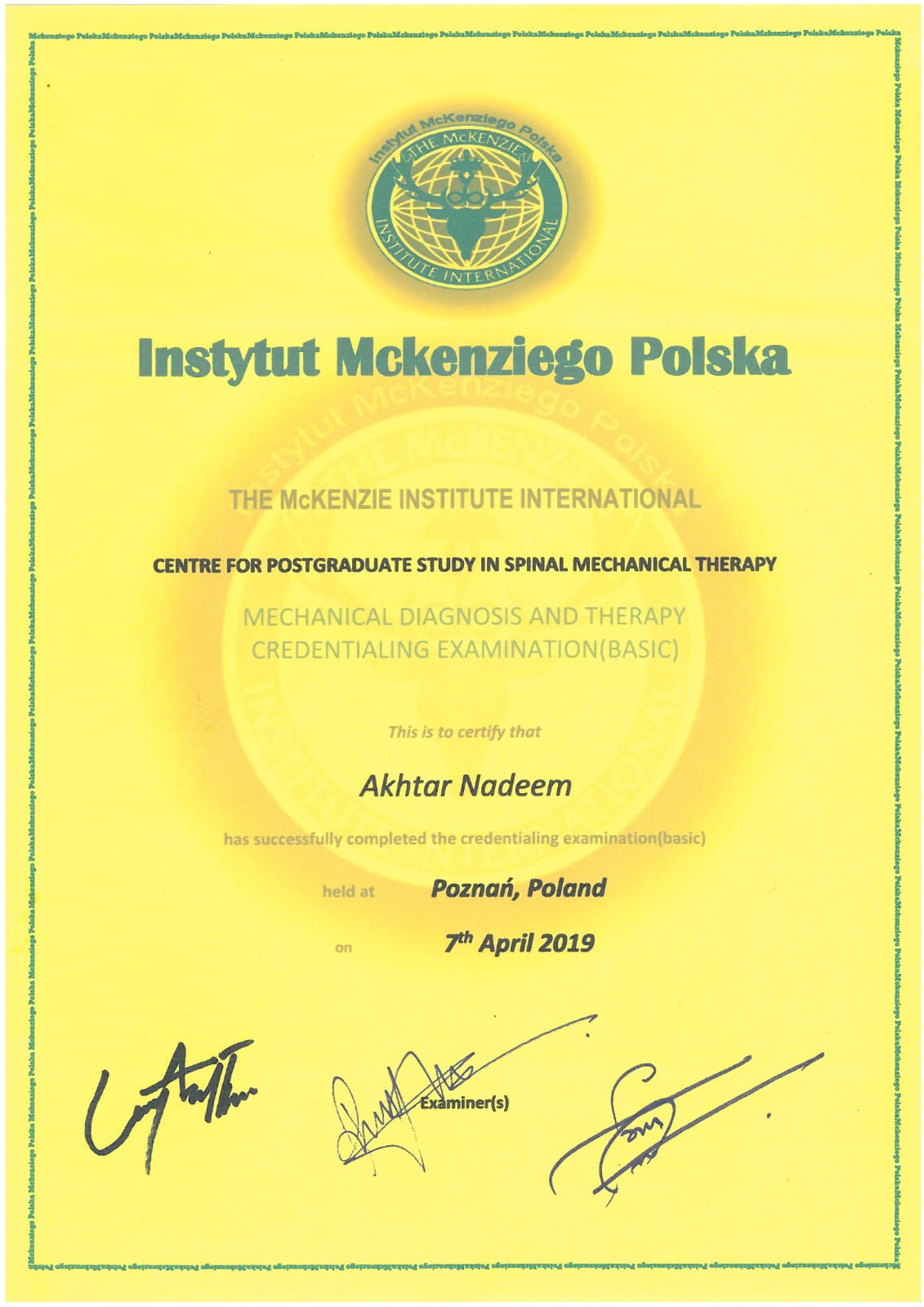 McKenzie Institute International Mechanical Diagnosis and Therapy credentialing certificate
