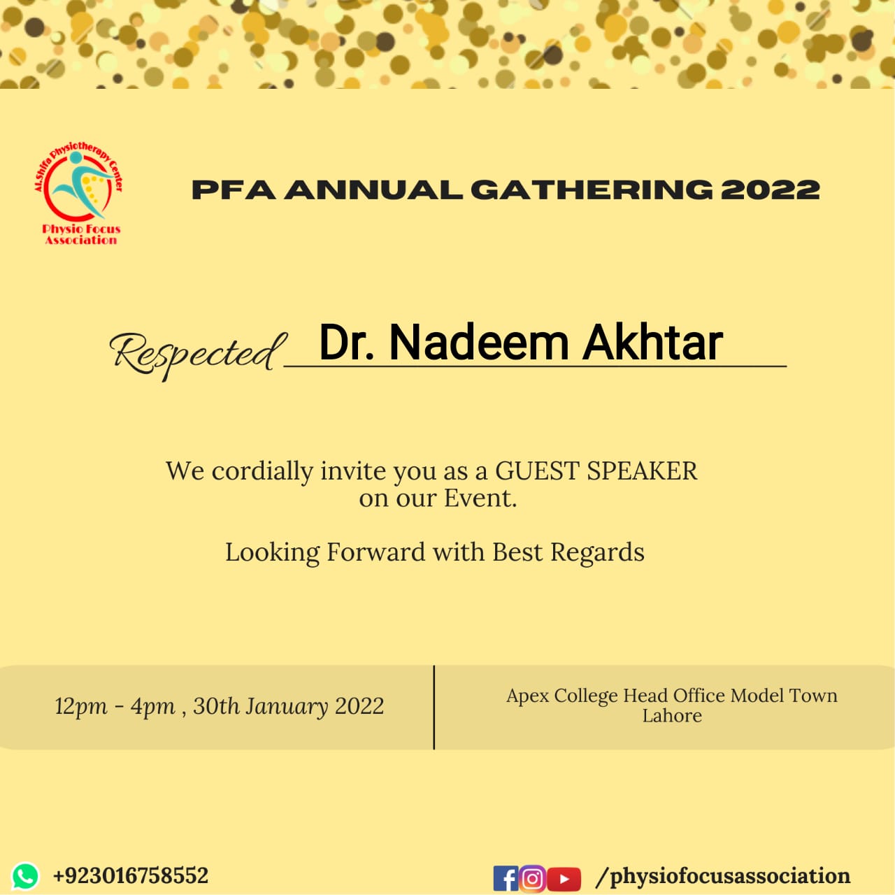 Physio Focus Association 2022 guest speaker invitation for Dr. Nadeem Akhtar
